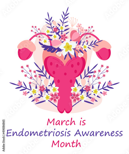 Endometriosis Awareness Month concept vector. Health care event is celebrated in March. Human uterus, womb on the floral