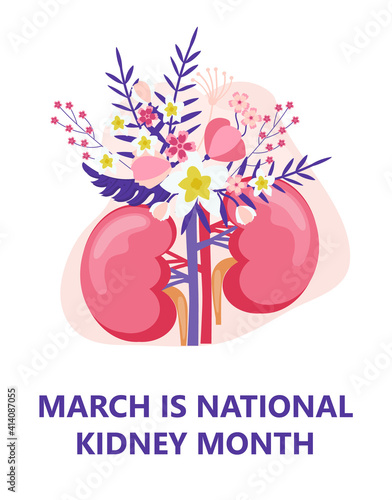 National kidney month concept vector. Heath care event is celebrated in March. Kidneys are shown on the floral