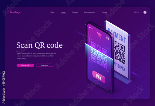 Scan Qr code verification service isometric landing page, machine-readable barcode on smartphone screen. Mobile app for internet business, information, cashless online payment 3d vector web banner