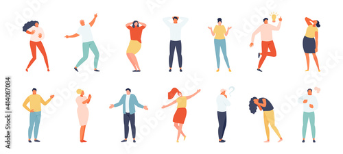 People showing various emotions and gestures in full-length isolated on a white background. Vector set
