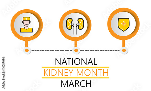 National kidney month concept vector. Heath care event is celebrated in March. Kidneys, doctor, shield icons