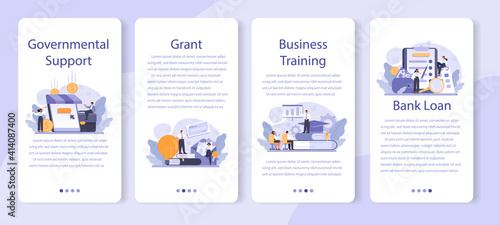 Governmental support mobile application banner set. Business bank loan
