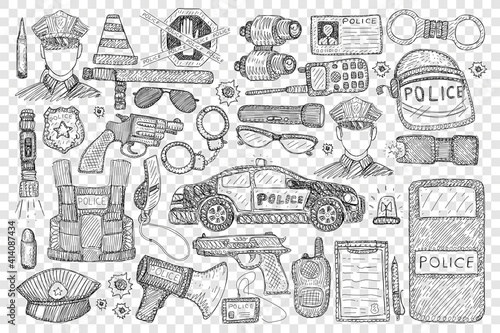 Police tools and uniform doodle set. Collection of hand drawn police office, car gun speaker uniform hat radio handcuffs speaker lantern binoculars bulletproof vest isolated on transparent background