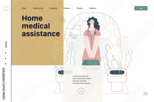 Medical insurance template -home medical assistance -modern flat vector concept digital illustration -nurse standing at the private residence entrance door Home medical service, part of insurance plan