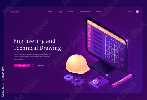 Engineering and technical drawing isometric landing page. Cad modelling construction building project on computer desktop with engineer helmet. Software program for pc, blueprint, 3d vector web banner
