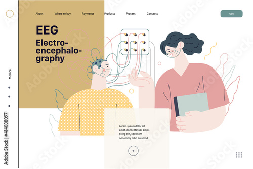 Medical tests illustration - EEG - electroencephalography - modern flat vector concept digital illustration of encephalography procedure - a patient with head electrodes and doctor in medical office photo