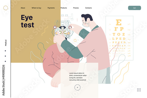Medical tests template - c -modern flat vector concept digital illustration of eye test procedure -a female patient and a doctors with phoropter, ophthalmologic office