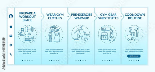 Home physical training tips onboarding vector template. Gym clothes. Gear substitutes. Cool-down routine. Responsive mobile website with icons. Webpage walkthrough step screens. RGB color concept