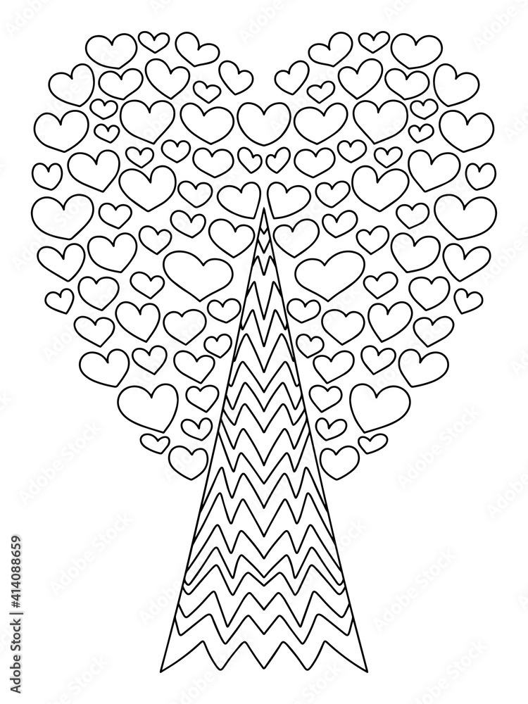 Obraz premium Happy Valentine Day blooming tree stock vector illustration. Fantasy plant with hearts coloring page for kids and adults. Detailed spring and summer tree black outline isolated on white background