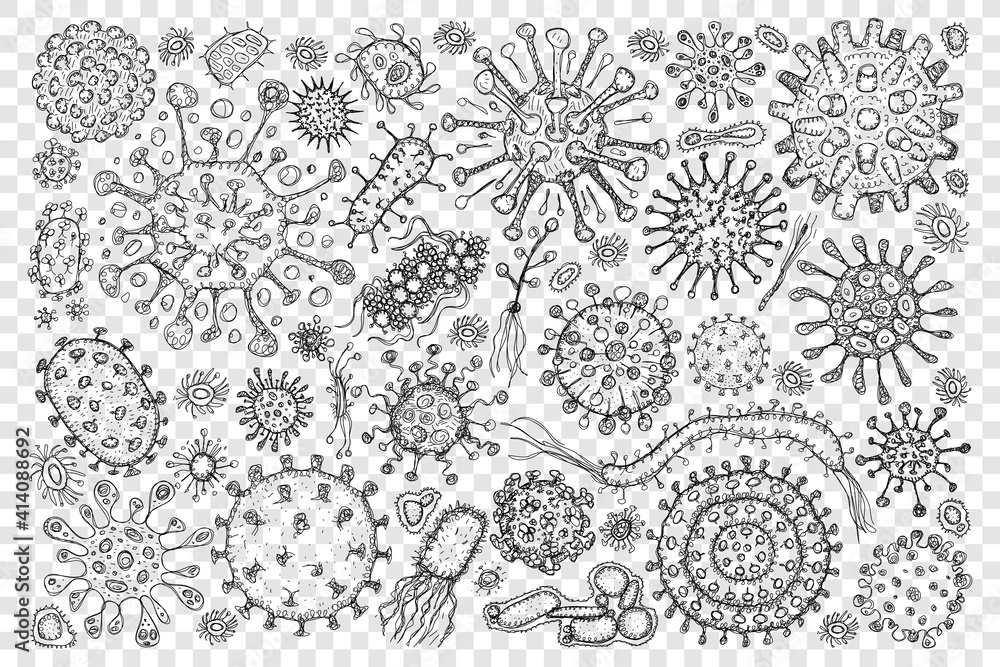 Bacteria virus molecule doodle set. Collection of hand drawn various ...