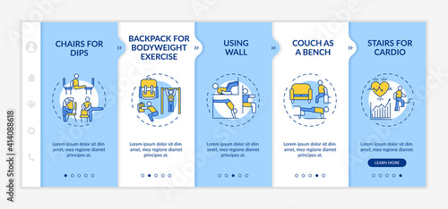 Gym training alternatives onboarding vector template. Backpack for bodyweight exercise. Stairs for cardio. Responsive mobile website with icons. Webpage walkthrough step screens. RGB color concept