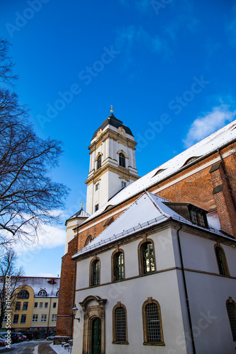 Fuerstenwalde, Brandenburg, Germany - January 30, 2021 Roof and facade of St. Mary's Cathedral