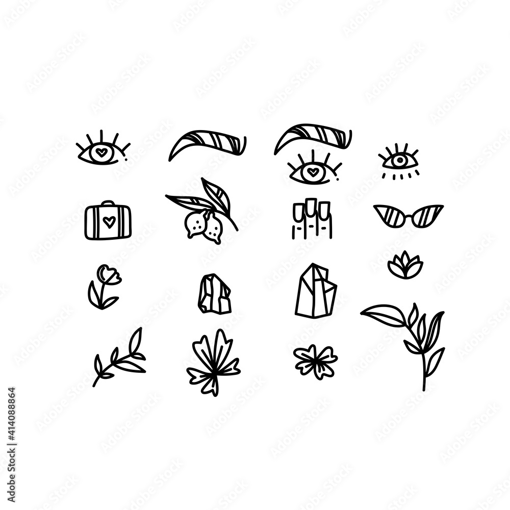 Fototapeta premium Highlight covers backgrounds. Set of beauty icons, logos. A set of logos for makeup artist, manicurist. Logo for beauty salon or cosmetics brand. Contemporary modern trendy vector