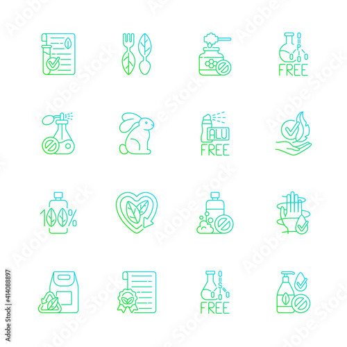 Natural cosmetic gradient linear vector icons set. Harmful chemical additives. Ecofriendly. Silhouette symbols. Thin line contour symbols bundle. Isolated vector outline illustrations collection