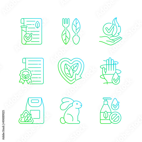 Natural cosmetics gradient linear vector icons set. Cruelty free. Dermatologically tested treatment. Thin line contour symbols bundle. Isolated vector outline illustrations collection