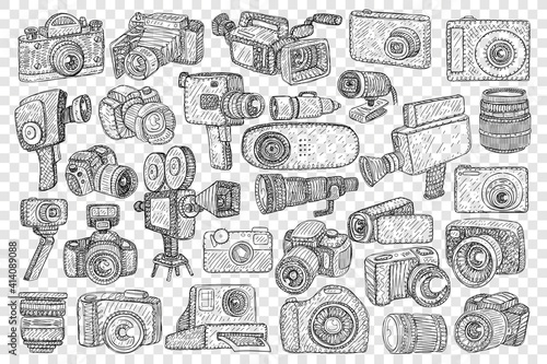 Photo cameras and tripods doodle set. Collection of hand drawn digital and film camera on tripods and lens for making pictures and enjoying hobby profession isolated on transparent background