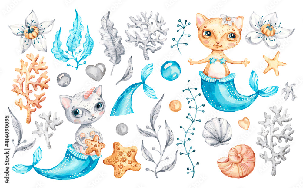Obraz premium Cat mermaid unicorn Baby cute girl. Watercolor nursery cartoon sea animals, marine magic life. Adorable Nurseries mermaid set isolated on white background. Hand painted watercolour baby kitty clip art