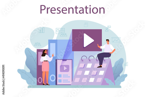 Business presentation concept. Businesspeople in front of group