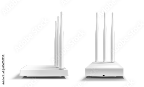Wifi router front and side view mockup, blank home device with antennas for wireless internet connection isolated on white background. Modern technologies, Realistic 3d vector illustration, mock up