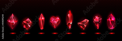 Red magic crystals, glass or gem stones, heart and stalagmites, faceted and rough glowing rocks, isolated crystalline mineral. Jewelry precious or semiprecious gemstones, Realistic 3d vector icons set