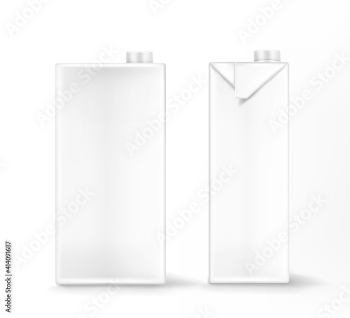 Milk or juice package mockup, white carton box, blank pack with screw lid front and side view. Container for liquid production, isolated packing object, Realistic 3d vector illustration, mock up