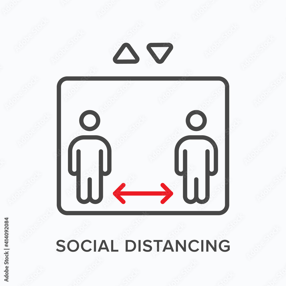 Social distancing flat line icon. Vector outline illustration of two men standing in elevator. Black thin linear pictogram for virus prevention Social distancing flat line icon. Vector outline illustration of two men standing in elevator. Black thin linear pictogram for virus prevention