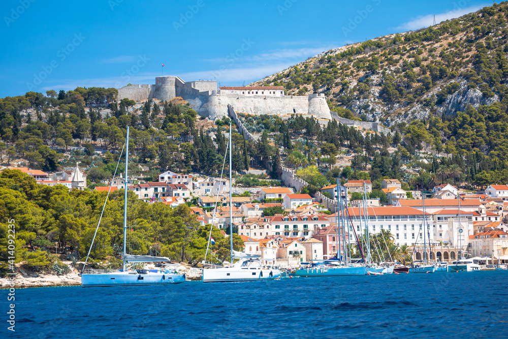 Town of Hvar and Fortica fortress waterfront view