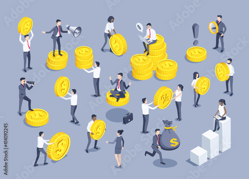 isometric vector illustration on gray background, set of people in business clothes with coins, business and finance