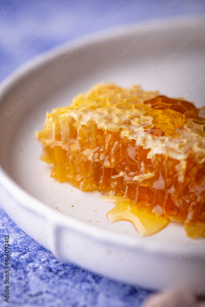 Honeycomb in plate on blue background