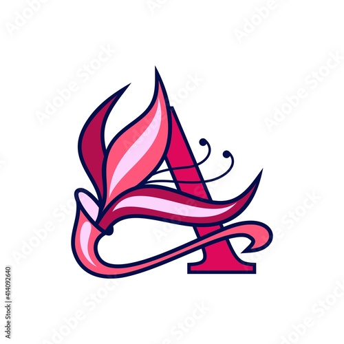 Image of a stylized letter A. Initial, lettering. 
