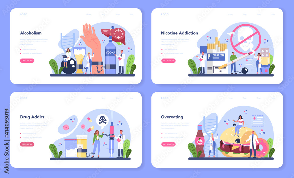 Addiction web banner or landing page set. Idea of medical treatment Addiction web banner or landing page set. Idea of medical treatment