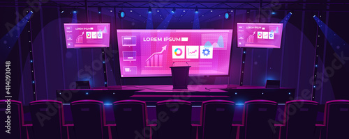 Stage with tribune, screens on background and spotlights. Vector cartoon illustration of empty scene for presentation, conference and public event with pulpit and seats for audience