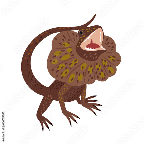 Aggressive lizard. Cartoon australian reptile, crawling animal, exotic creature of zoo, vector illustration of frilled neck lizard isolated on white background