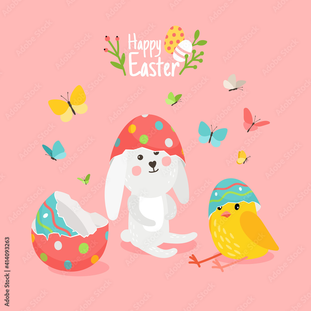 Cute easter card with pets. Cartoon bunny and chicken with broken eggs, vector illustration decoration with rabbit and butterflies on pink background for celebrating spring day