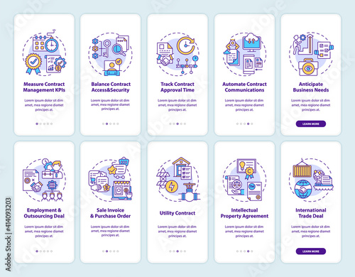 Contract management onboarding mobile app page screen with concepts set. Contract lifecycle steps walkthrough 10 steps graphic instructions. UI vector template with RGB color illustrations