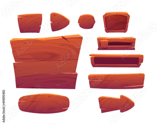 Wooden game buttons, cartoon menu interface made of wood textured boards, ui or gui graphic design elements. Slider, arrow, planks and key, user panel isolated on white background, 2d vector icons set
