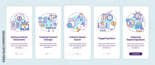 Contract management software functions onboarding mobile app page screen with concepts. Storing documents walkthrough 5 steps graphic instructions. UI vector template with RGB color illustrations