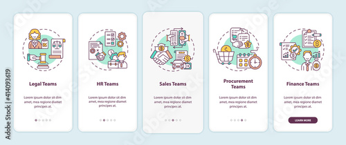 Contract management software users onboarding mobile app page screen with concepts. Legal teams walkthrough 5 steps graphic instructions. UI vector template with RGB color illustrations
