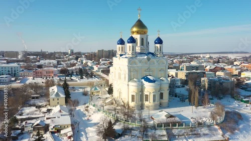 Aerial video panorama of the ancient Russian city of Yelets and Ascension Cathedral on a frosty winter day