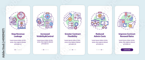 Contract management automation benefits onboarding mobile app page screen with concepts. Stop revenue leakage walkthrough 5 steps graphic instructions. UI vector template with RGB color illustrations