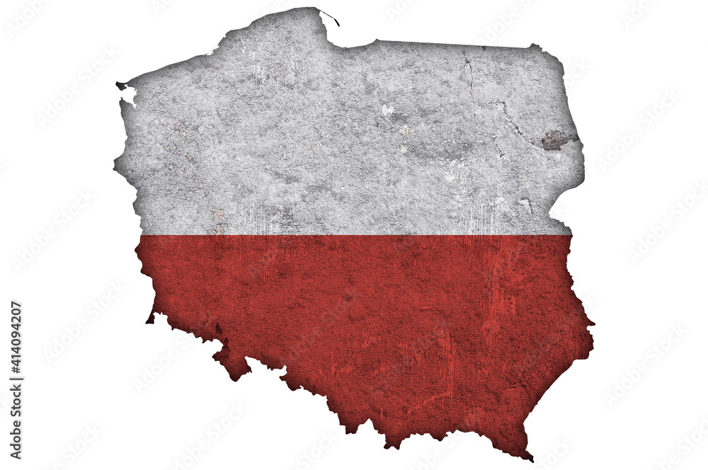 Fototapeta premium Karte und Fahne von Polen auf verwittertem Beton