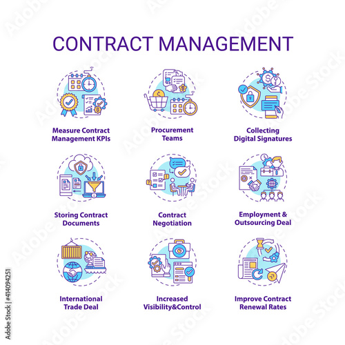 Contract management concept icons set. Contract lifecycle steps. Efficient management tips idea thin line RGB color illustrations. Vector isolated outline drawings. Editable stroke