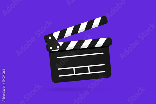 Black Clapper board icon with button player in flat style. Clapperboard Vector Illustration. Movie Film clapper board. Filmmaking or video movie, cinematography device, film production
