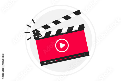 Video tutorial icon, emblem, label, Button. Clapperboard with running online video player. Movie or online cinema design of clapper board video player. Video editor or film production. Online cinema