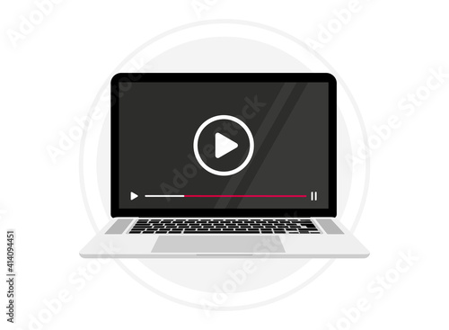 Screen Laptop with video player on screen. Computer with mock up live stream window. Notebook with video player. Concept of Online video, movie, education, web course webinar, training, video tutorial