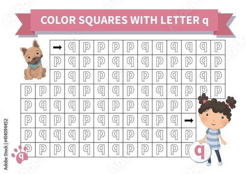 Printable game. Worksheet for kids. Exercise about letter reversals p and q. Maze with girl and french bulldog, Page a4, Vector