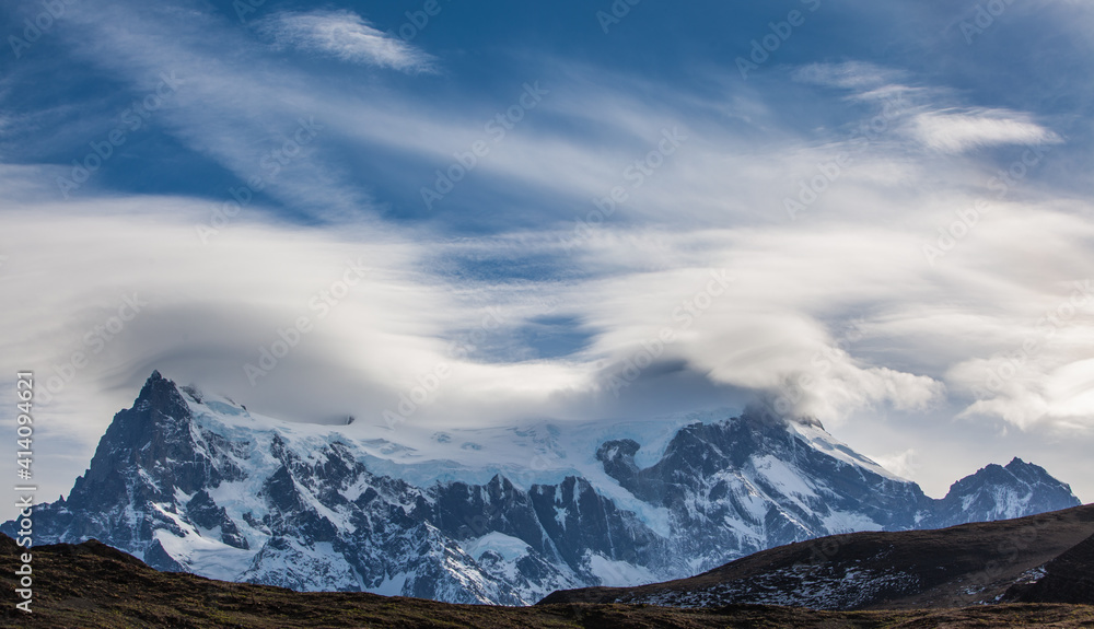 Landscape with mountains, glacier and clouds in Patagonia, Chile