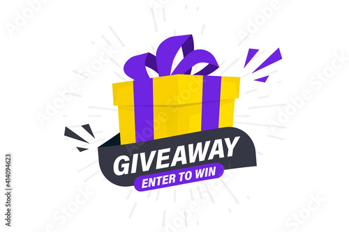 Giveaway, enter to win. Social media post template for promotion design or website banner. Win a prize giveaway. Gift box with modern typography lettering Giveaway. Giveaway gift concept for winners
