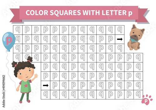 Printable game. Worksheet for kids. Exercise about letter reversals q and p. Maze with girl and french bulldog, Page a4, Vector.