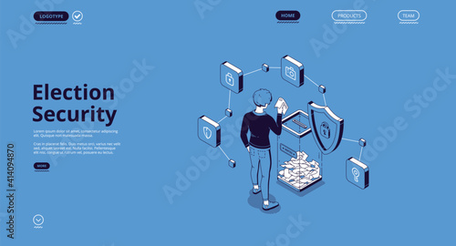 Election security isometric landing page. Voter put bulletin into glass bin in polling station, elector voting in protected place for poll civil rights execution concept, 3d vector line art web banner